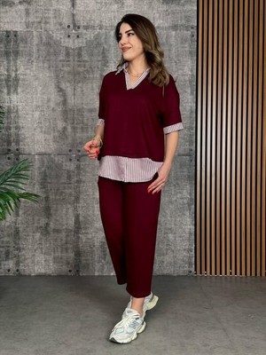 Kadın Modal Kumaş Çizgili Gömlek Yaka Ikili Takım