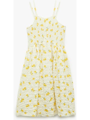 Pamuklu Gipe Detaylı Limon Desenli Askılı Elbise