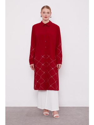 Bordo Baklava Desen Taş Baskılı Tunik