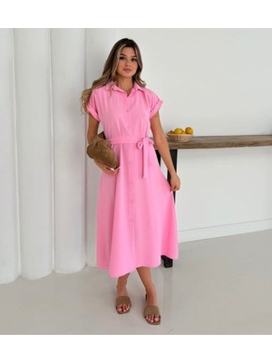 Düğme Kapama Kemerli Midi Elbise