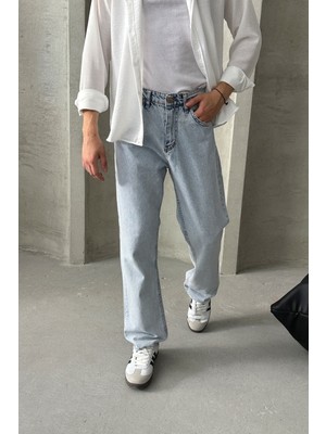 HYMAN Erkek Gri Baggy Jean Pantolon Yüksek Bel Boru Paça Düz Desenli Günlük Stil