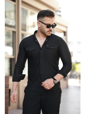 Erkek Çift Cepli Çıtçıt Düğmeli Uzun Kollu Gömlek