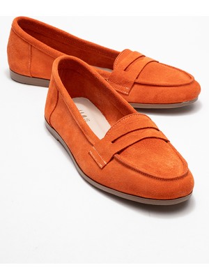 Luvi F02 Turuncu Süet Hakiki Deri Kadın Loafer Ayakkabı