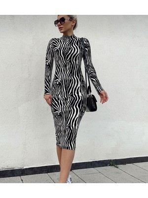Kadın Zebra Desen Süet Kumaş Fırsat Ürün Midi Boy Elbise