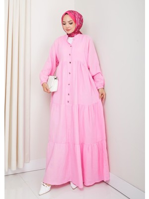 Harma Time Butik Kadın Düğmeli Kat Detaylı Pembe Keten Elbise