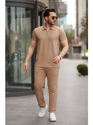 Erkek Yakalı Fermuarlı T-Shirt Pantolon Ikili Rahat Takım