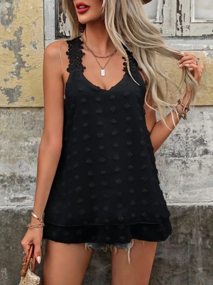 Kadın Dantel Askılı V Yakalı Sırtı Çapraz Detaylı Ponpon Bluz