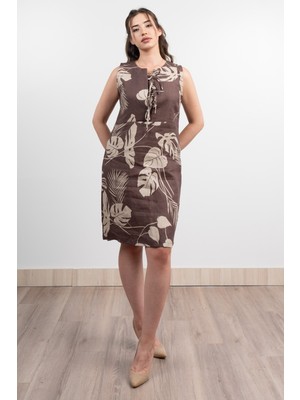 Spagetti Fiyonk Keten Yaprak Desen Elbise 50330