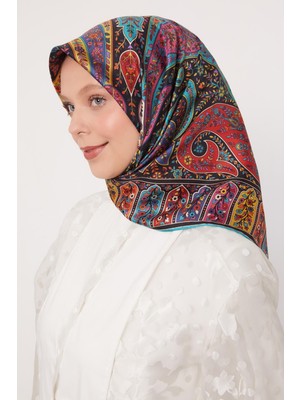 Turuncu Karışık Hint Desen Twill İpek Eşarp