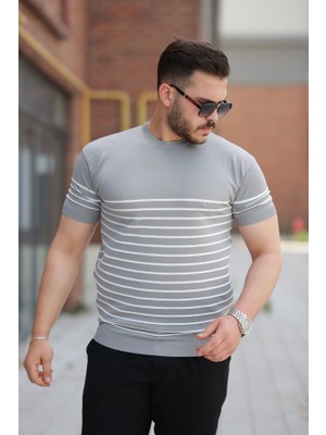 Erkek Çizgi Desenli Bisiklet Yaka Kısa Kollu T-Sihrt