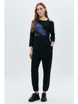 Saks Geçişli Dalga Desenli Taşlı T-Shirt