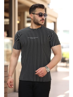 Erkek Dikey Çizgili Ottoman Kumaş Kısa Kollu T-Shirt