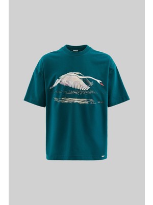 Erkek Swan Printed Oversize Oil Green Tişört