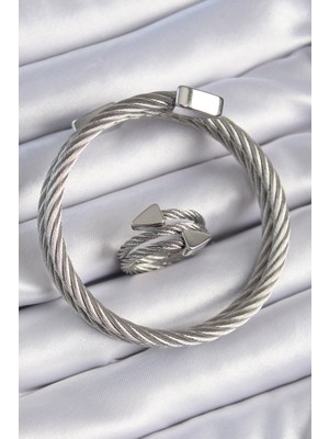 Skygo 316L Çelik Gümüş Renk Sarmal Model Erkek Bileklik Yüzük Kombini - TJ-EB3689