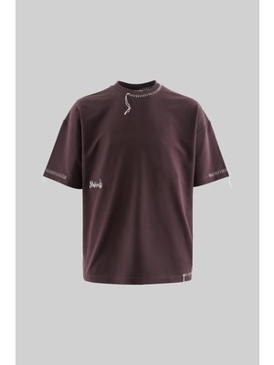 Erkek Blanket Stitch Oversize Kahverengi Tişört