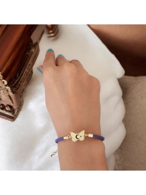 14 Ayar Plakalı Altın Ay Yıldız Temalı Kelebek Motifli Mor Derili Hediye BILEKLIK-469SEMBOL