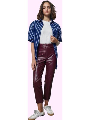 Kadın Yüksek Bel Dar Paça Suni Deri Pantolon Kemersiz Kışlık Günlük Yaz Aylarının Vazgeçilmezi