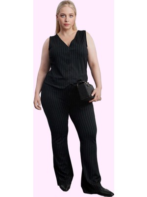 Kadın Yüksek Bel Geniş Paça Çizgili Pantolon Regular Boy Interlok Örme Yaz Aylarının Vazgeçilmezi