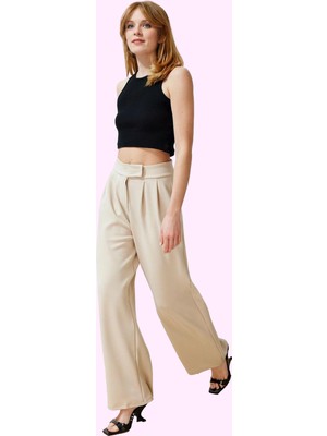 Kadın Yüksek Bel Geniş Paça Pileli Pantolon Günlük Şıklık Hafta Sonu Yaz Aylarının Vazgeçilmezi