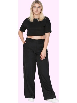Kadın Geniş Paça Uzun Pantolon Yüksek Bel Wide Leg Düz Desen Finike Dokuma Günlük Kullanım