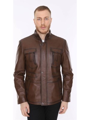 Hakiki Deri Kahverengi Hogan Dik Yaka Erkek Deri Ceket