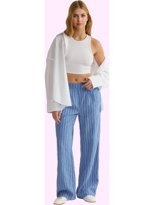 Kadın Geniş Paça Çizgili Dokuma Pantolon Yazlık Rahat Günlük Stil Yaz Aylarının Vazgeçilmezi