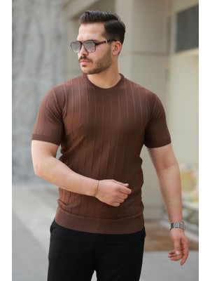 Erkek Kısa Kollu Bisiklet Yaka Çizgili Triko Tişört