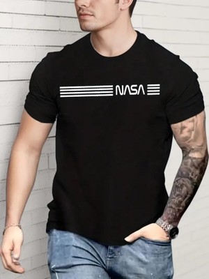 Erkek Kısa Kollu Nasa Baskı Bisiklet Yaka T-Shirt