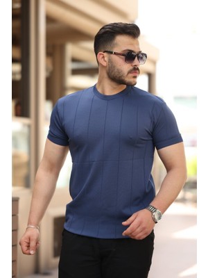 Erkek Ince Çizgi Dokulu Bisiklet Yaka Kısa Kollu T-Shirt