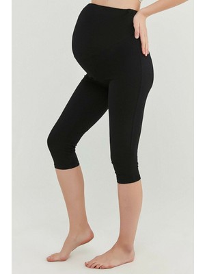 Kadın Siyah Ayarlanabilir Bel Organik Pamuklu Likralı Kapri Hamile Tayt