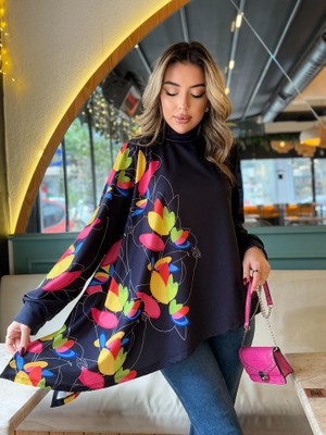 Kadın Uzun Kollu Balıkçı Yaka Asimetrik Kesim Dalgıç Kumaş Bluz