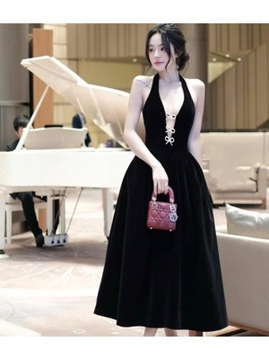 Kadın Derin V Yaka Kurdele Detaylı Ithal Double Kumaş Elbise