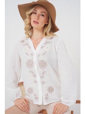 Kadın Nakışlı Uzun Kol Bluz 963 - Kahverengi