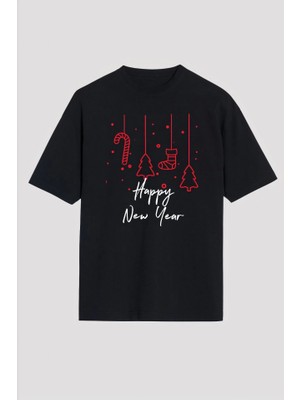 Happy New Year Baskılı T-Shirt - Siyah