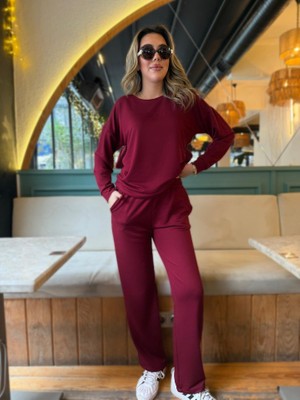 Kadın Uzun Kollu Bisiklet Yaka Viskon Iki Iplik Bluz ve Pantolon Ikili Takım