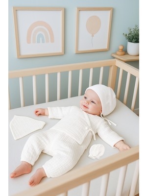 Sitilin Müslin 5'li Kimono Bağcıklı %100 Pamuk Hastane Çıkışı Yenidoğan Bebek Hediye Set 7074