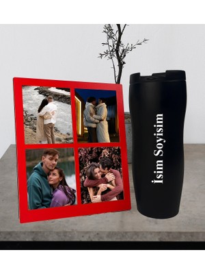 Kişiye Özel Premium  Termos Bardak ve Fotoğraflı Dört Resimli Siyah Kolaj Masaüstü Fotoğraf Kırmızı Çerçeve