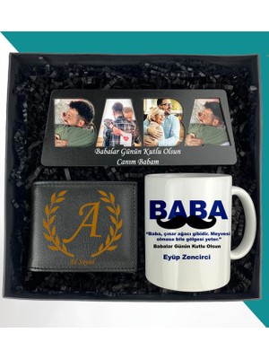Giftstime Kişiye Özel 4 Fotoğraflı Baba Tasarımlı Masaüstü Çerçeve Deri Cüzdan ve Resimli Kupa Bardak