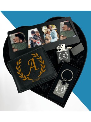 Kişiye Özel Kalp Kutuda 4 Fotoğraflı Baba Tasarım Masaüstü Çerçeve Erkek Cüzdan Metal Çakmak Özel Lüx Anahtarlık