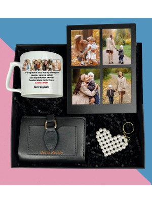 Anneler Gününe Özel 4 Fotoğraflı Siyah Masaüstü Kolaj Çerçeve Çay ve Nescafe Fincanı Bayan Cüzdan Inci Anahtarlık