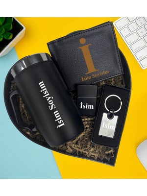 Kişiye Özel Premium Kalp Kutu Termos Kulplu Bardak Metal Erkek Cüzdan Lüx Anahtarlık Zippo Metal Çakmak Hediye Set