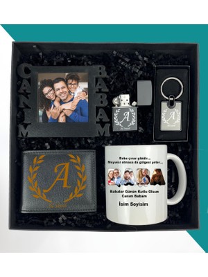 Kişiye Özel Fotoğraflı Canım Babam Tasarımlı Masaüstü Çerçeve Erkek Cüzdan Metal Çakmak Özel Anahtarlık ve 4 Resimli Baba Tasarımlı Kupa Bardak