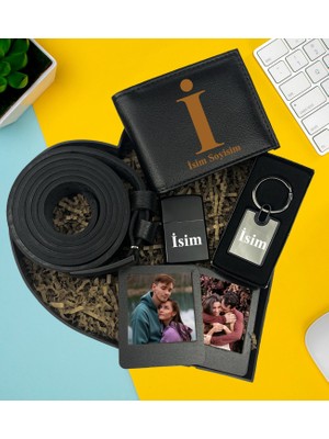 Kişiye Özel Premium Kalp Kutu Cüzdan Kemer Metal Lüx Anahtarlık Metal Çakmak Ikili Siyah Mdf Masaüstü Çerçeve Hediye Set