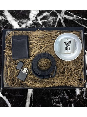 Kişiye Özel Siyah Beyaz Taraftar Tasarımlı Türk Kahve Fincanı Mekanizmalı Cüzdan Kemer Çakmak Özel Hediye Seti