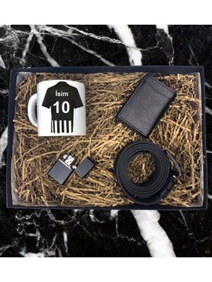Kişiye Özel Siyah Beyaz Taraftar Forma Tasarımlı Kupa Bardak Mekanizmalı Cüzdan Kemer Çakmak Özel Hediye Set