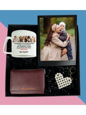 Anneler Gününe Özel Resimli Masaüstü Kolaj Çerçeve Lüx Nescafe ve Çay Fincanı Bayan Cüzdan Inci Anahtarlık
