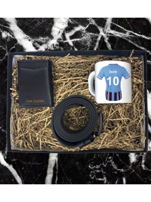 Kişiye Özel Premium Bordo Mavi Forma Tasarımlı Kupa Bardak Mekanizmalı Cüzdan Kemer Özel Hediye Seti