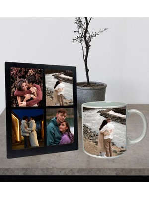 Kişiye Özel Premium Resimli Beyaz Kupa ve Fotoğraflı Dört Resimli Siyah Kolaj Masaüstü Fotoğraf Siyah Çerçeve