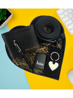 Kişiye Özel Premium Kalp Kutu Cüzdan Kemer Metal Lüx Kalp Anahtarlık Zippo Metal Çakmak Touch Pen Metal Kalem Hediye Set