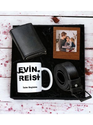 Kişiye Özel Evin Reisi Tasarımlı Kupa Bardak Erkek Mekanizmalı Cüzdan Kemer Ahşap Mdf Kahverengi Çerçeve